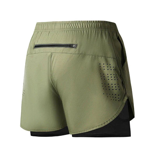 Mandotos men's black quick-drying running shorts with double layer design, suitable for fitness, workout, and bodybuilding training.