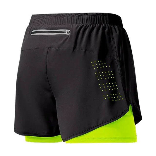 Men's black quick-drying running shorts by MANDOTOS with double-layer design, ideal for sport, workout, and bodybuilding training.