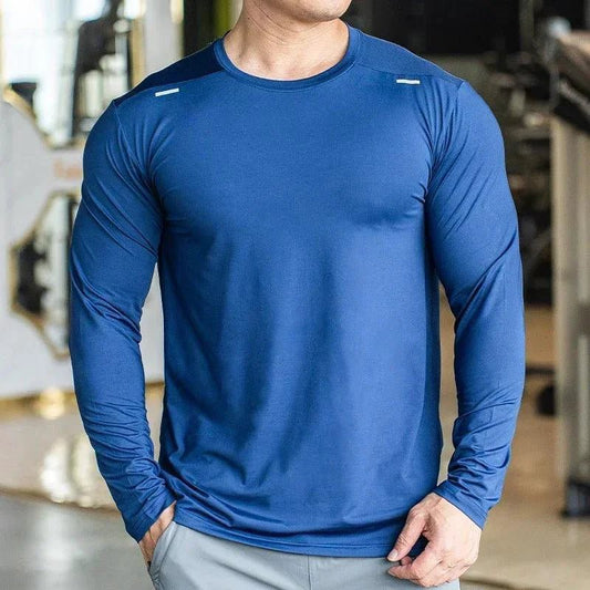 Mandotos men's long sleeve sports fitness shirt for badminton, running, and training, made of quick-dry, lightweight, breathable fabric.
