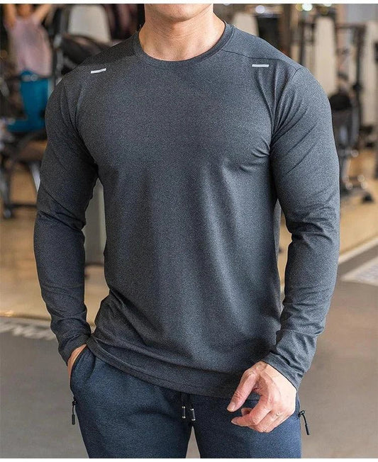 Mandotos men's long sleeve sports fitness shirt, quick-dry badminton and running top, ideal for outdoor training and bodybuilding.