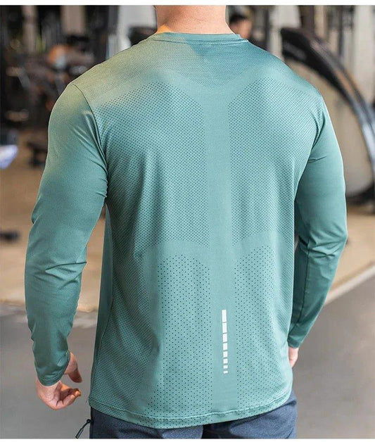 Mandotos men's long sleeve sports fitness shirt, quick-dry badminton and running top, ideal for outdoor training and bodybuilding.