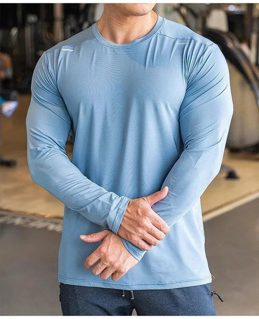 Mandotos men's long sleeve sports fitness shirt, quick-dry outdoor badminton and running top, ideal for training and casual bodybuilding.