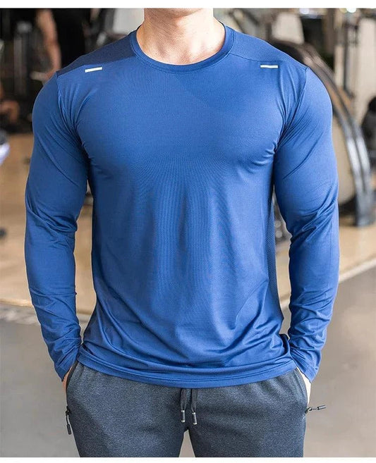 Mandotos men's long sleeve sports fitness shirt, quick-dry badminton and running top, casual and lightweight for outdoor training.
