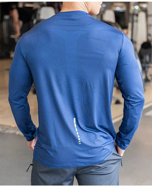 Mandotos men's long sleeve sports fitness shirt, quick-dry badminton and running top, casual and lightweight for outdoor training.