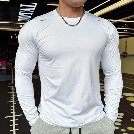 Mandotos men's long sleeve sports fitness shirt, quick-dry outdoor badminton and running top, casual and lightweight for bodybuilding.