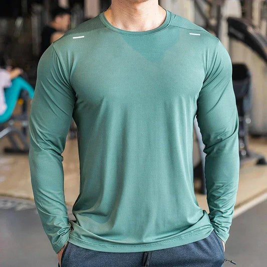 Mandotos men's long sleeve athletic shirt for badminton, running, and training, featuring quick-dry, breathable sportswear fabric.