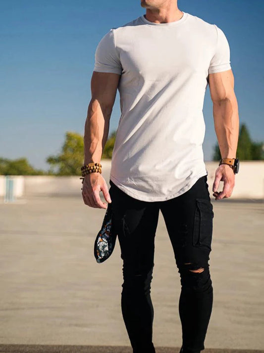 Men's summer muscle T-shirt by MANDOTOS, designed for gym workouts, featuring breathable fabric and a fitted athletic style.