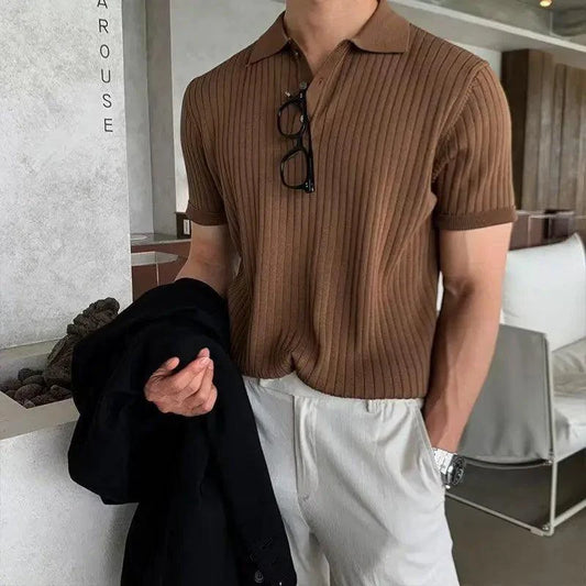 Men's textured knit lapel polo shirt by MANDOTOS, featuring a classic collar and detailed knit fabric for a stylish casual look.