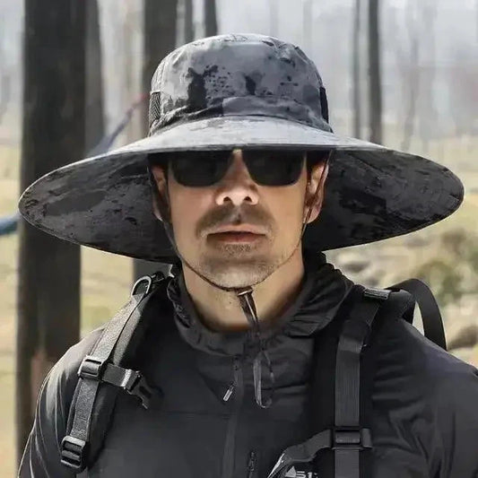 Mandotos men's wide brim sun protection hat with adjustable strap, providing shade and UV protection for outdoor activities.