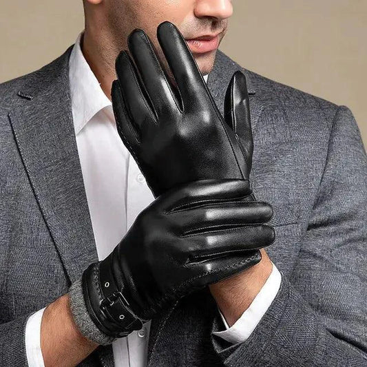 Mandotos men's winter leather gloves showing black leather exterior and cozy lining for cold weather warmth
