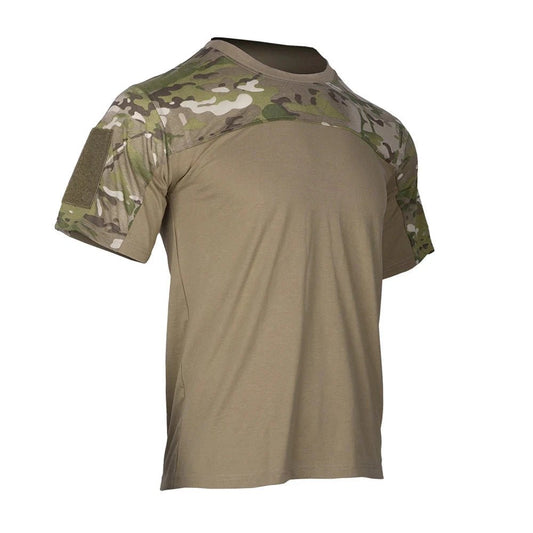 Mandotos men's camouflage tactical combat shirt with breathable fabric, outdoor hunting and workout clothing, featuring a camo design.