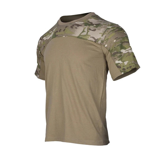 Mandotos men's camouflage tactical combat shirt with breathable fabric, outdoor hunting and workout clothing, featuring a camo design.