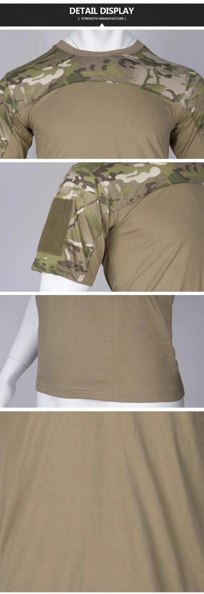 Mandotos men's camouflage tactical T-shirt with breathable fabric, suitable for outdoor hunting, combat, and workout activities.