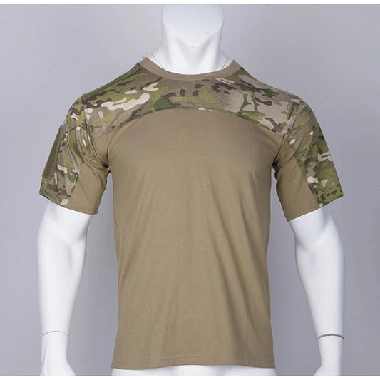 Mandotos men's camouflage tactical combat shirt with breathable fabric, ideal for hunting, outdoor activities, and workout wear.