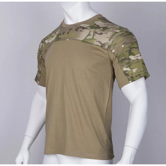 Mandotos men's camouflage tactical shirt with breathable fabric, suitable for outdoor hunting, combat, and workout activities.