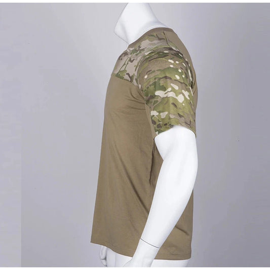 Mandotos men's camouflage tactical T-shirt with breathable fabric, suitable for outdoor hunting, combat, and workout activities.