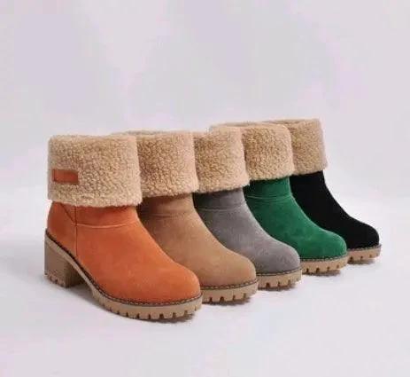 Mandotos mid-tube thick heel suede snow boots with a sturdy sole and stylish design, ideal for winter cold weather.