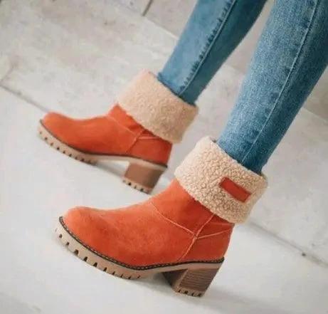 Mandotos mid-tube thick heel suede snow boots with cozy lining and sturdy soles for winter outdoor wear.