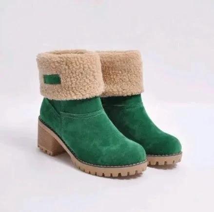 Mandotos mid-tube thick heel suede snow boots showing a side view with sturdy soles and warm lining for winter wear.