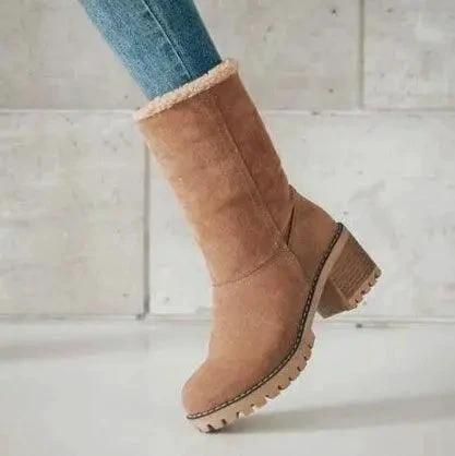 Mandotos mid-tube thick heel suede snow boots with sturdy soles and stylish design, perfect for winter weather.