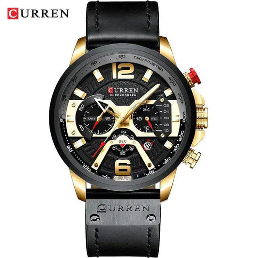 Mandotos military leather chronograph wristwatch with black dial, stainless steel case, and brown leather strap.
