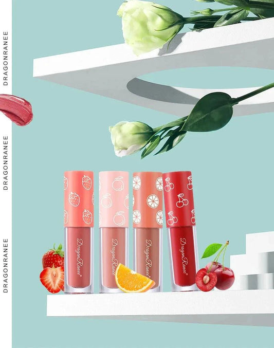 Mandotos Mini Velvet Matte Lip Gloss Set with four fruit-scented, long-lasting, non-fading, lightweight lip tints in sleek containers.