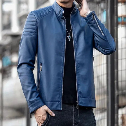 Men's black motorcycle leather jacket by MANDOTOS featuring a classic design and sturdy zipper details.