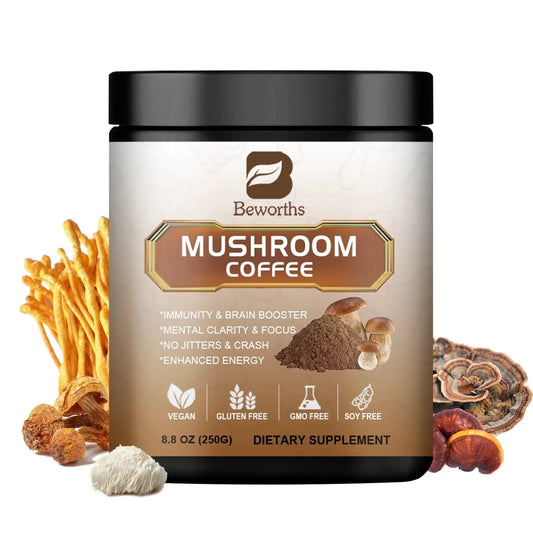 Mandotos Mushroom Coffee with 10 mushroom extract blend for energy and immunity, featuring a brewed cup on a wooden table.
