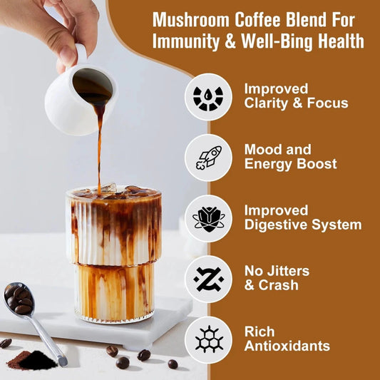 Mandotos Mushroom Coffee with 10 mushroom extract blend for energy and immunity, featuring a brewed cup on a wooden surface.