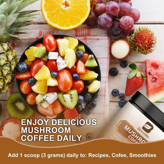 Mandotos Mushroom Coffee with 10 mushroom extract blend for energy and immunity in a resealable bag.