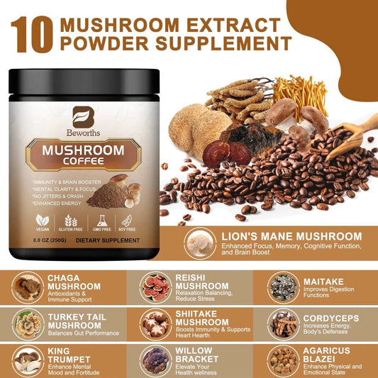 Mandotos Mushroom Coffee with 10 mushroom extract blend for energy and immunity, in a coffee mug on a table.