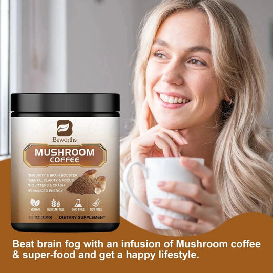 Mandotos Mushroom Coffee with 10 mushroom extract blend for energy and immunity, featuring a steaming cup on a wooden table.