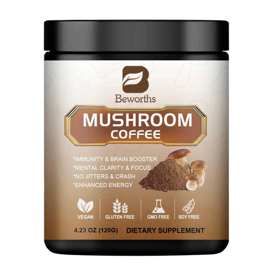Mandotos Mushroom Coffee with 10 mushroom extract blend, featuring a coffee cup with the mushroom coffee packaging on a table.
