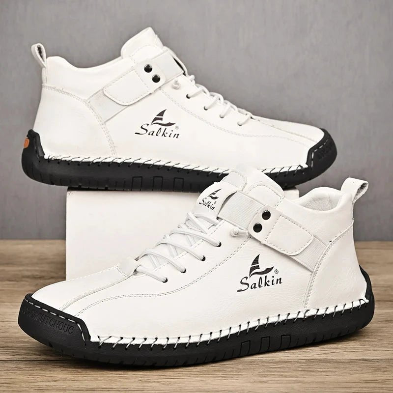 Mandotos handmade leather casual men's sneakers and ankle boots, breathable outdoor shoes with stylish design and comfortable fit.