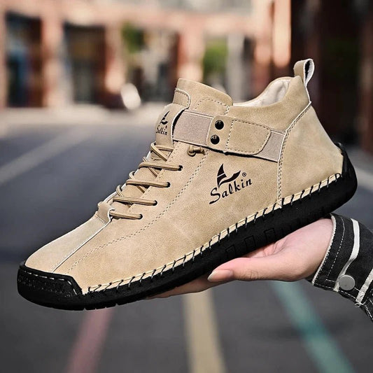 Mandotos handmade leather casual men's sneakers with breathable design and ankle boot style, suitable for outdoor wear.