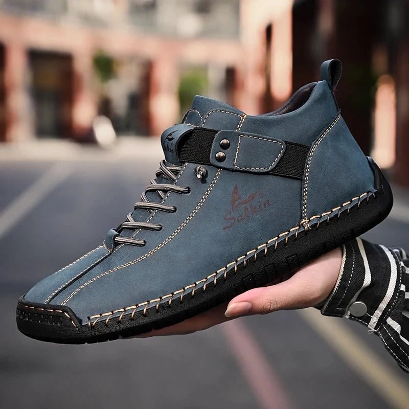 Mandotos handmade leather casual men's sneakers with breathable design, ankle boots, outdoor suitable, stylish and comfortable footwear.