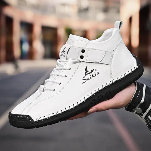 Mandotos handmade leather casual men's sneakers with breathable design, ankle boots, outdoor suitable, stylish and comfortable footwear.