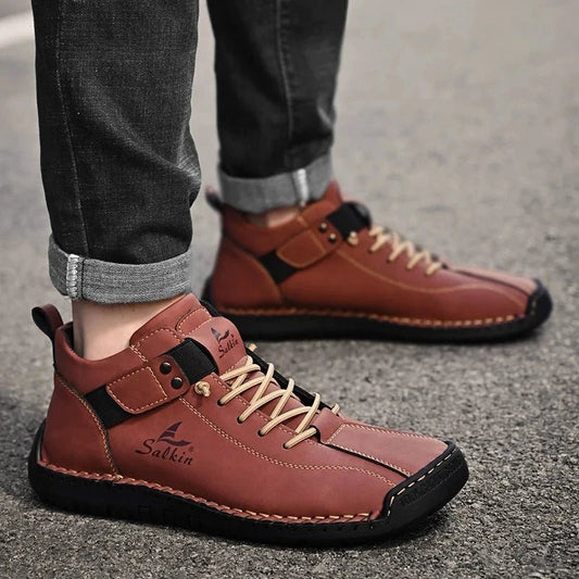 Mandotos handmade leather casual men's sneakers and ankle boots, featuring breathable leather and outdoor-ready design.
