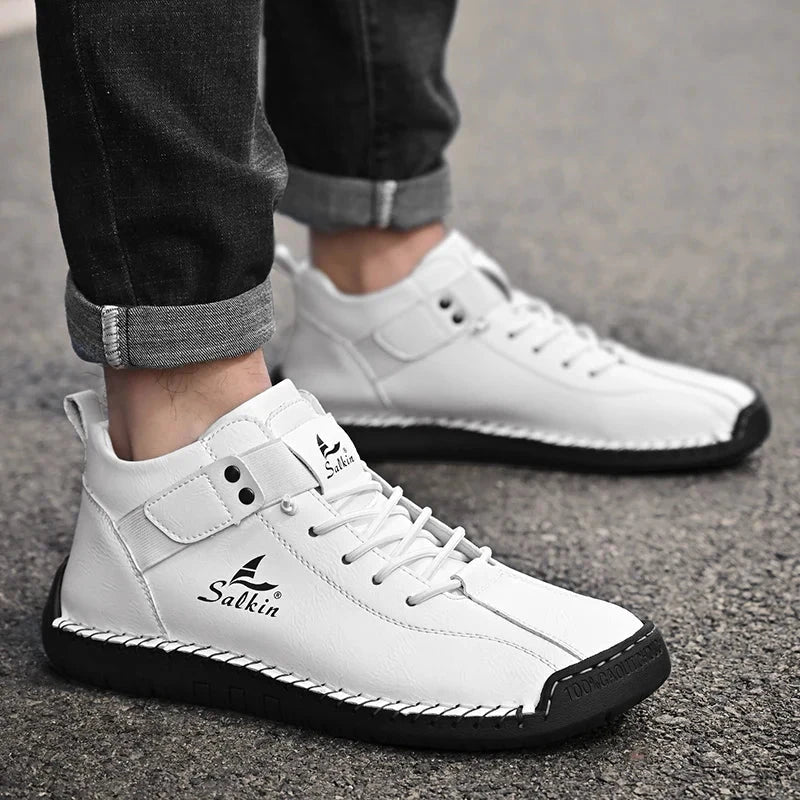 Mandotos handmade leather casual men's sneakers with breathable design, ankle boots, outdoor style, and comfortable fit.
