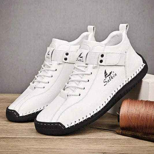 Mandotos handmade leather casual men's sneakers with breathable design, ankle boots style, suitable for outdoor wear.