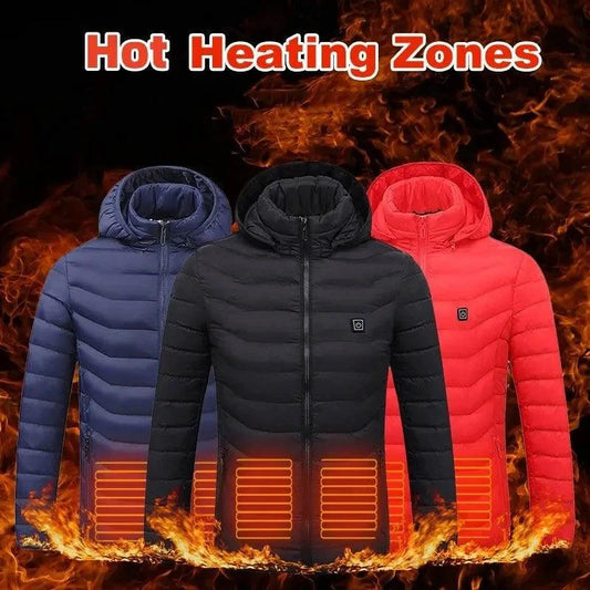 Mandotos men's heated jacket with USB electric heater, cotton exterior, thermal clothing for winter warmth and comfort.