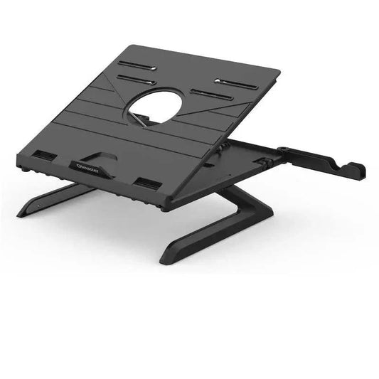 Mandotos multifunctional folding aluminum laptop stand with adjustable height and monitor support, portable and lightweight design.