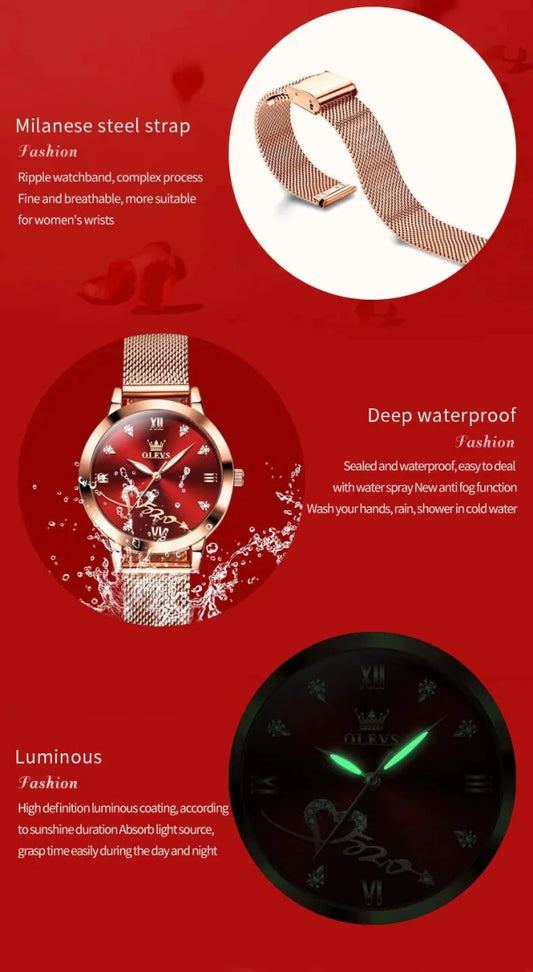 Mandotos OLEVS luxury women's rose gold quartz watch with stainless steel mesh strap and love dial design.