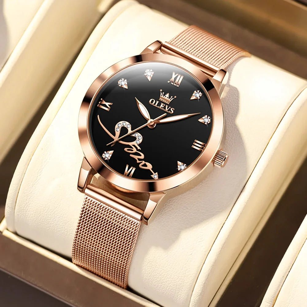 Mandotos OLEVS luxury women's rose gold quartz watch with stainless steel mesh strap and love dial design.