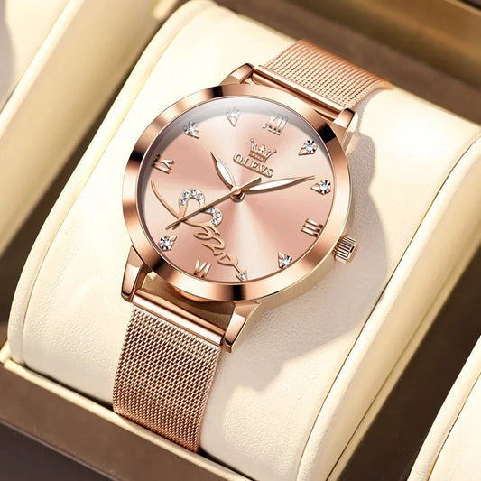 Mandotos OLEVS luxury women's rose gold quartz watch with stainless steel mesh strap and love dial design.