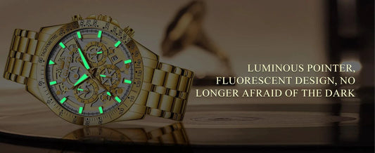 Mandotos OLEVS luxury men's gold skeleton stainless steel chronograph wristwatch with luminous dial and waterproof quartz movement.