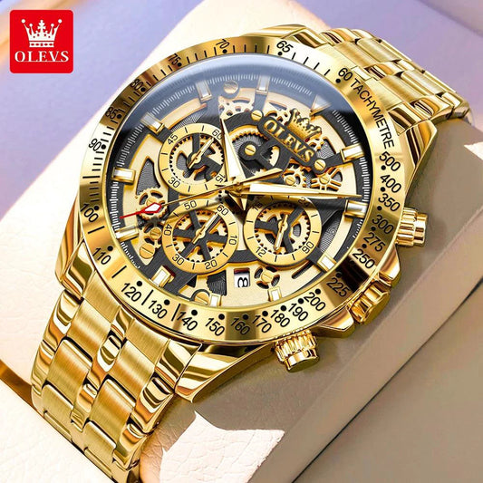 Mandotos OLEVS luxury men's gold skeleton stainless steel chronograph wristwatch with luminous dial and waterproof quartz movement.