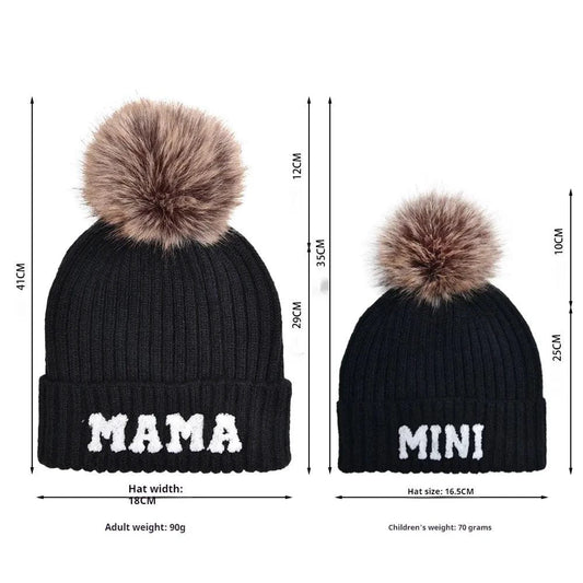 Set of three matching winter beanie hats for parents and baby by MANDOTOS, cozy knit caps for family warmth.