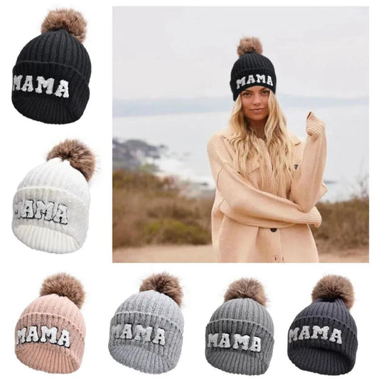 Matching parent-child beanie hats set by MANDOTOS, includes three cozy winter knit hats for mama, papa, and baby.