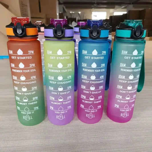 Mandotos PeakHydrate motivational water bottle with colorful design and built-in straw for easy hydration.